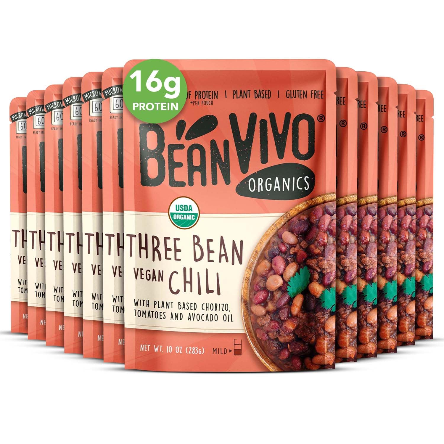 BeanVIVO (Pack of 12) Organics 16g Plant based Protein Three Bean Vegan Chili - Good Source of Fiber - Nutritious & Microwave Meals - Gluten-Free
