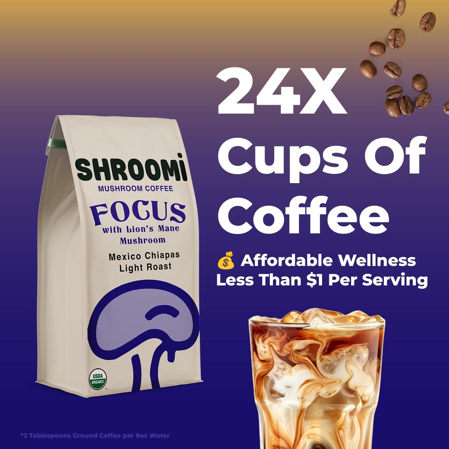 Shroomi Award-Winning Mushroom Focus Coffee - 16,000mg Lions Mane Blend | Organic Brain Coffee Ground with Reishi and Chaga | Mental Clarity and Calm