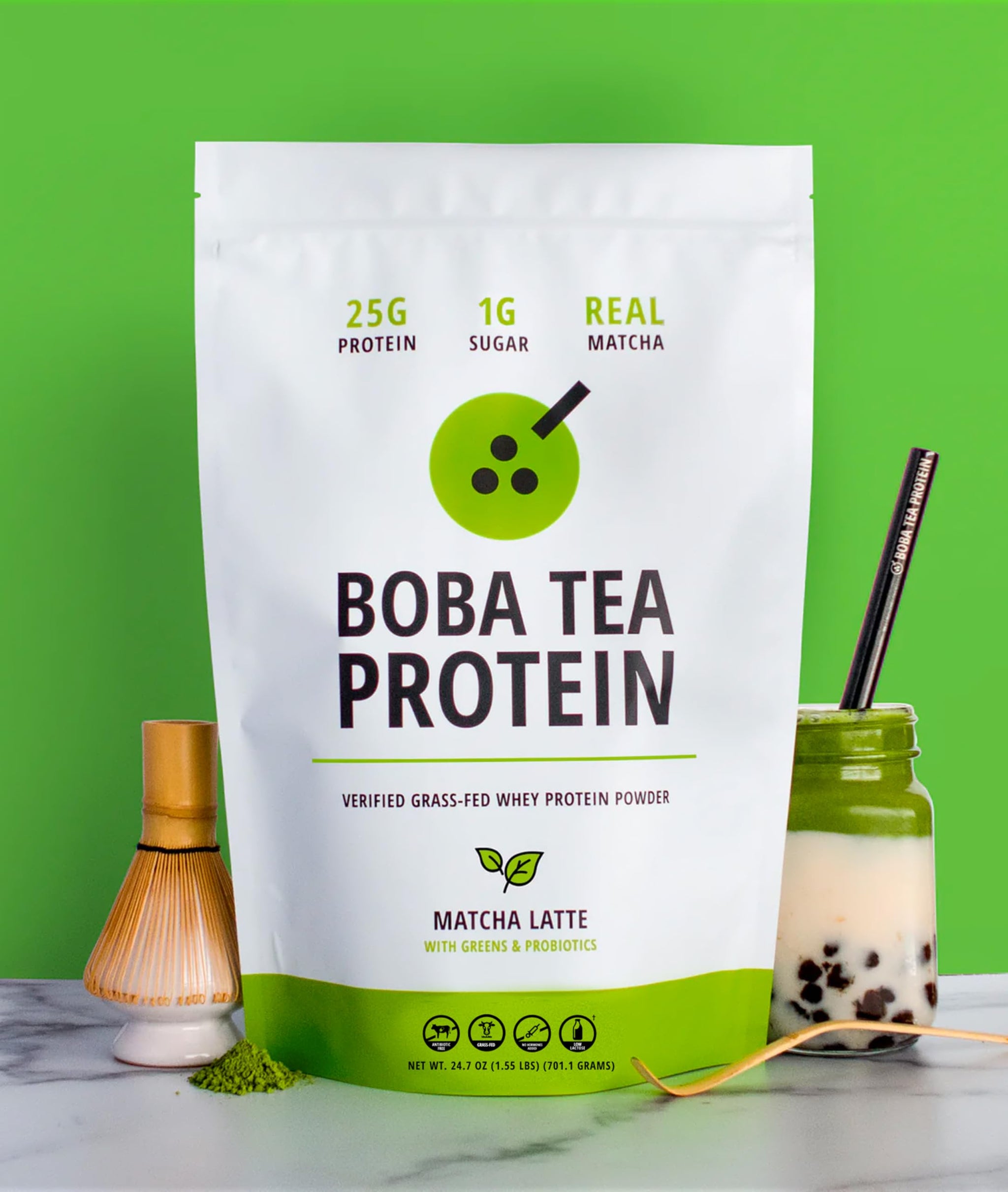Boba Tea Protein Matcha Latte | 25g Grass-Fed Whey Protein Isolate Powder | Gluten-Free & Soy-Free Bubble Tea Protein Drink | Real Ingredients