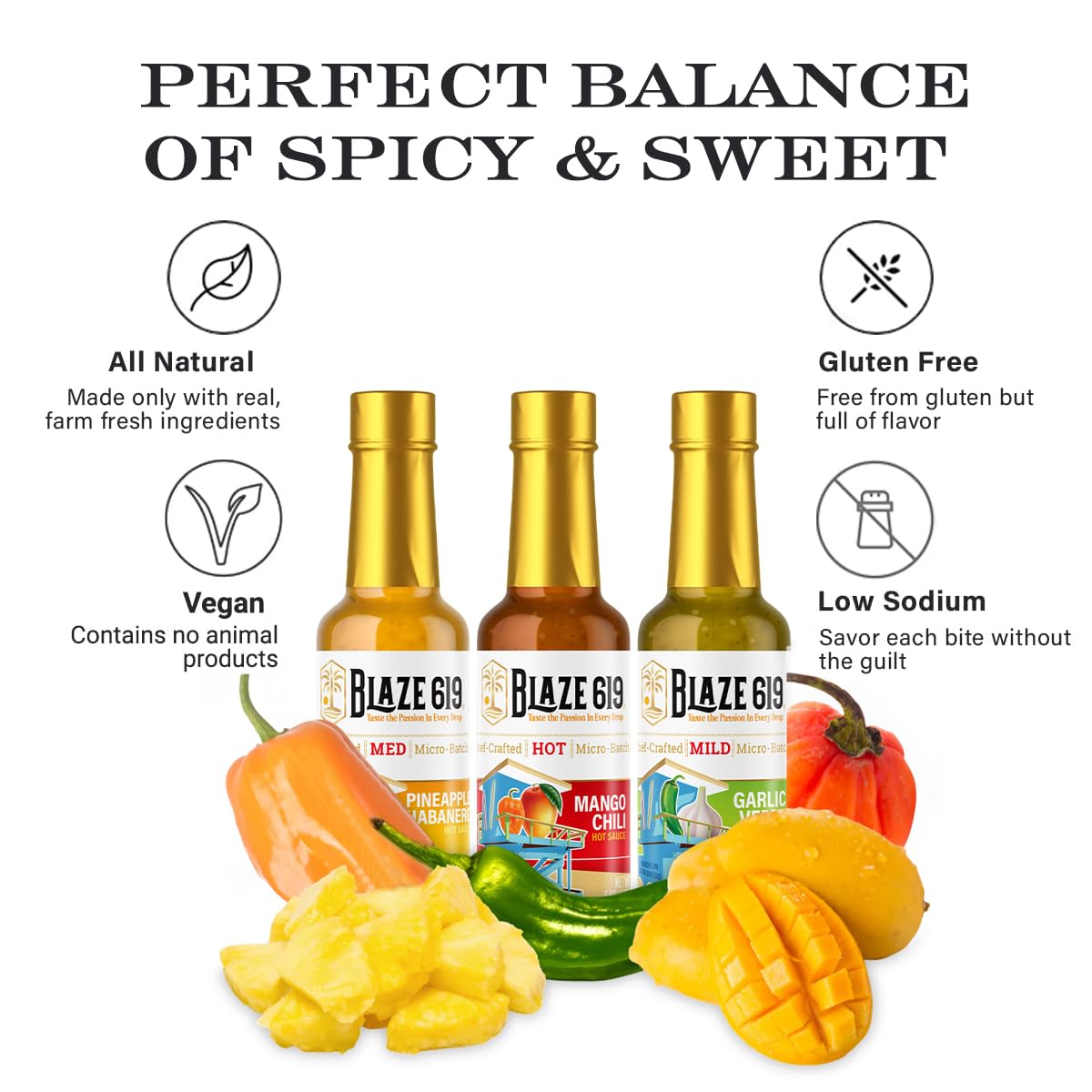 Blaze 619 Gourmet Hot Sauce Gift Set, Pineapple Habanero, Mango Chili, Garlic Verde, All Natural, Gluten Free, Vegan, Low Sodium, 5oz Bottles, 3 Pack