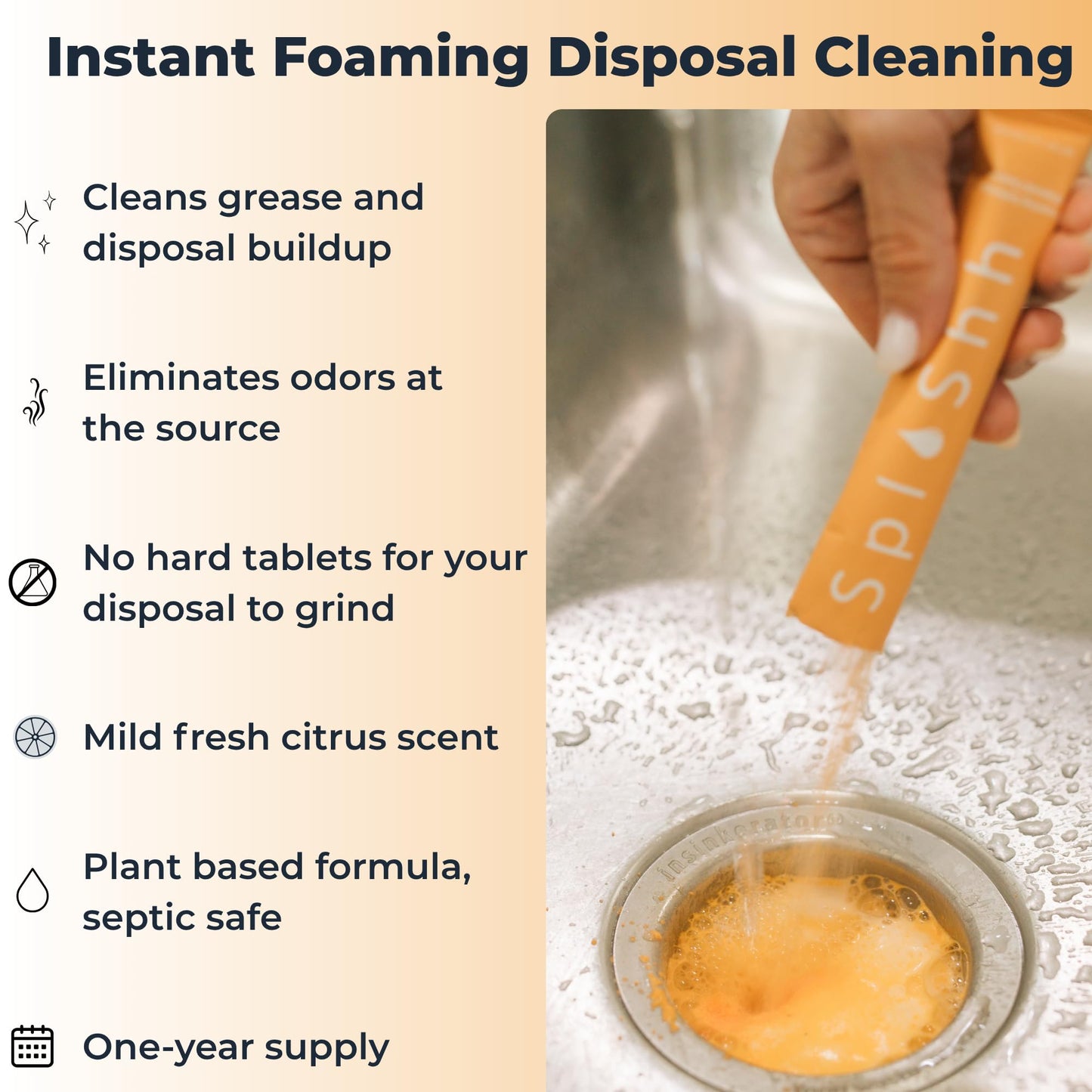 SplaShh Foaming Garbage Disposal Cleaner and Deodorizer, 25 Instant Foaming Powder Packets, 12-Month Supply, Mild Citrus Scent, Kitchen Sink Disposer
