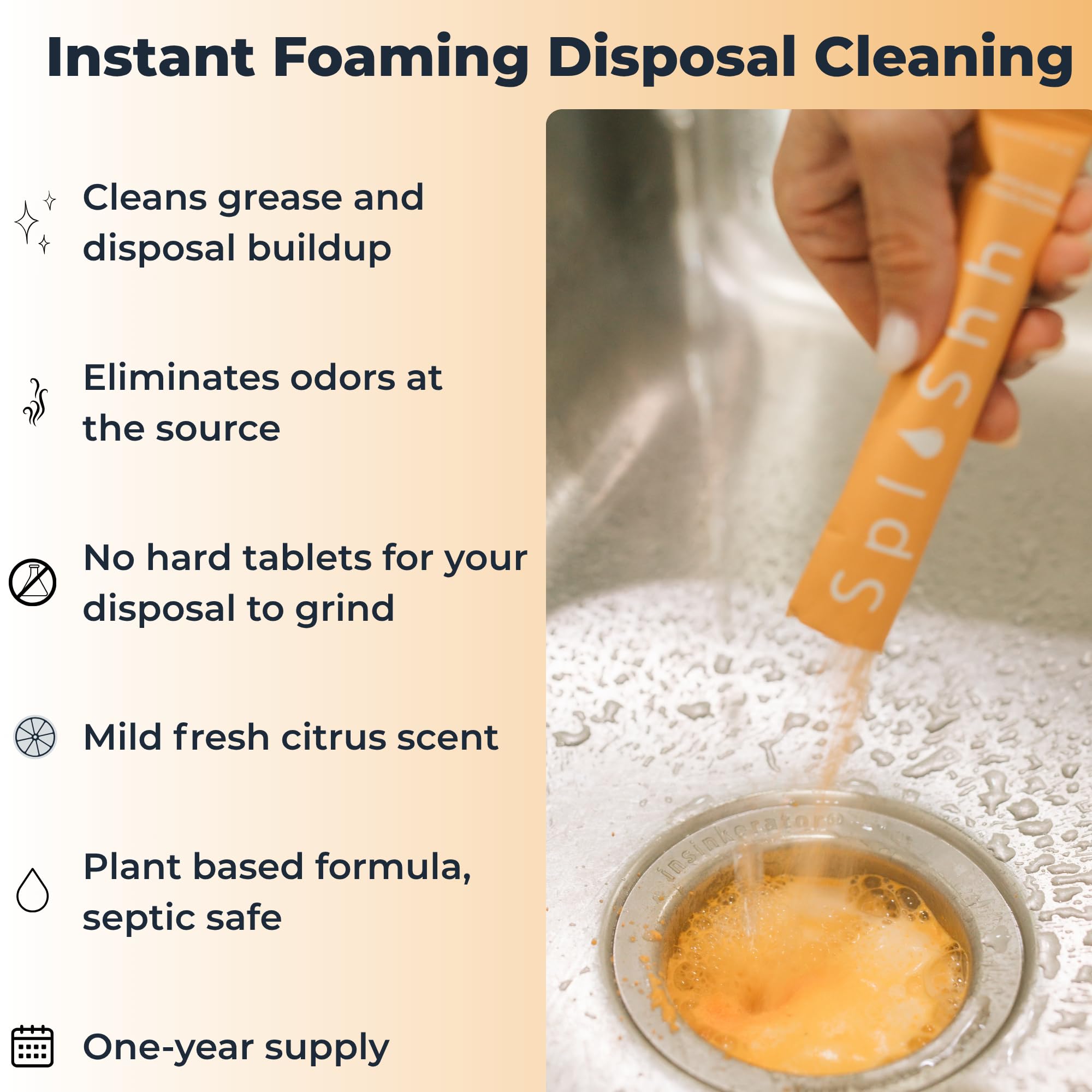 SplaShh Foaming Garbage Disposal Cleaner and Deodorizer, 25 Instant Foaming Powder Packets, 12-Month Supply, Mild Citrus Scent, Kitchen Sink Disposer
