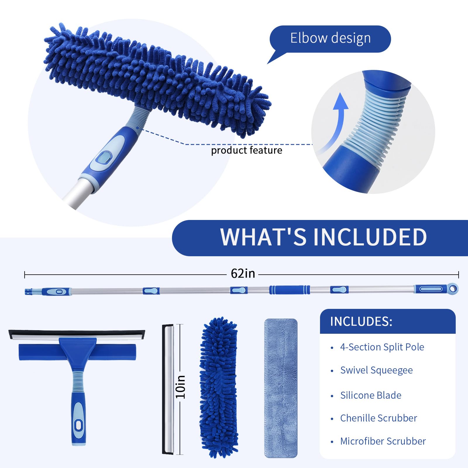 LOMIDA Professional Window Squeegee Kit - 62" Lightweight Aluminum Pole, 2 in 1 Rotatable Window Cleaning Tool Kit with Extension Pole Cleaning