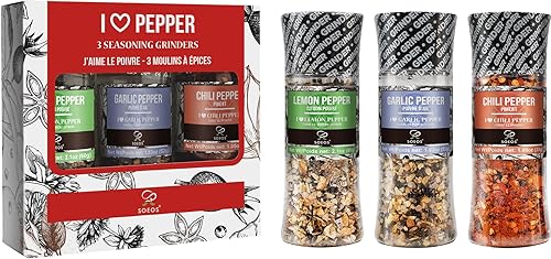Soeos Spice Seasoning Set of 3, 4.98 oz(142 g), with Integrated Grinders, Salt and Pepper Grinder Set, Spicy Garlic, Garlic & Herbs, BBQ Seasoning