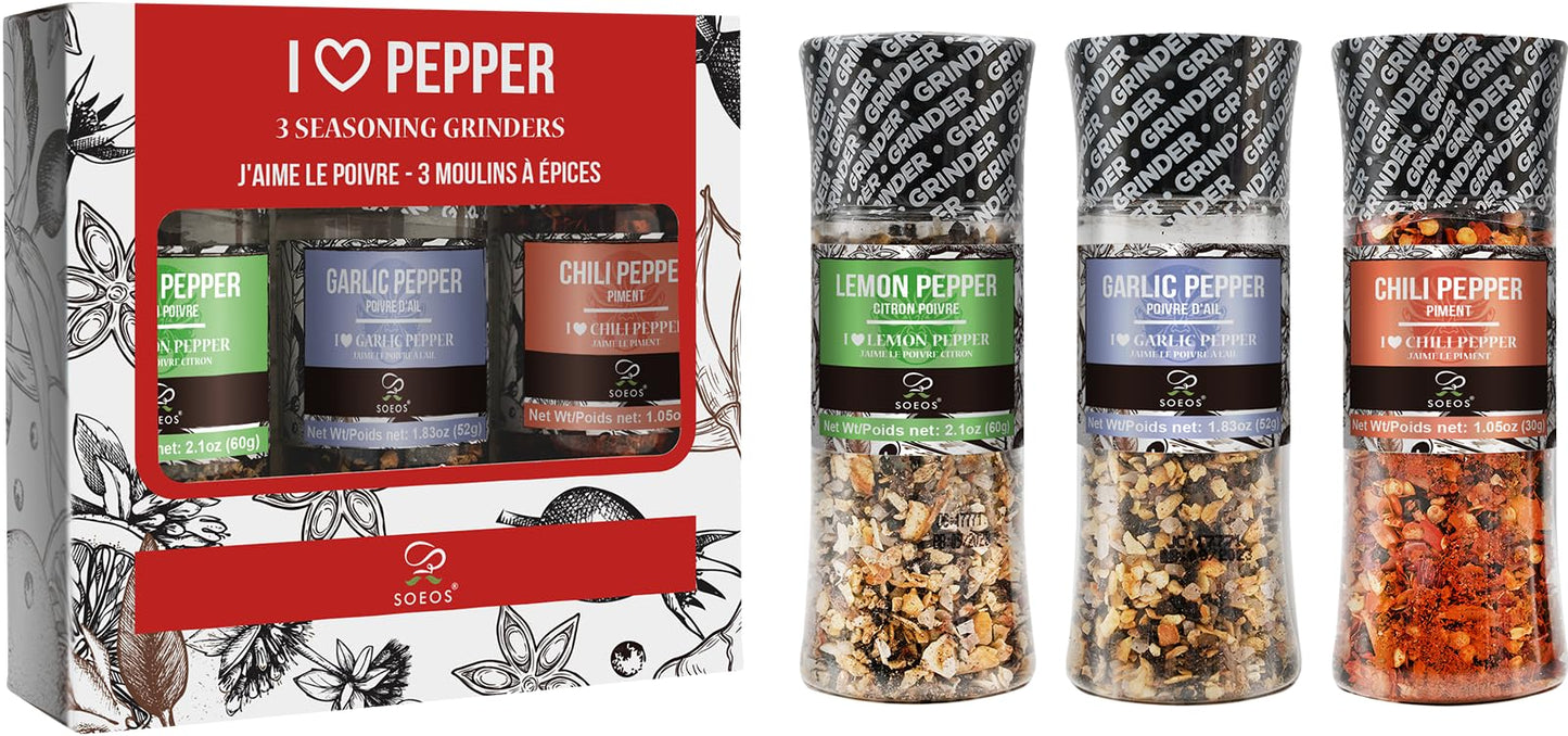 Soeos Spice Seasoning Set of 3, 4.98 oz(142 g), with Integrated Grinders, Salt and Pepper Grinder Set, Spicy Garlic, Garlic & Herbs, BBQ Seasoning