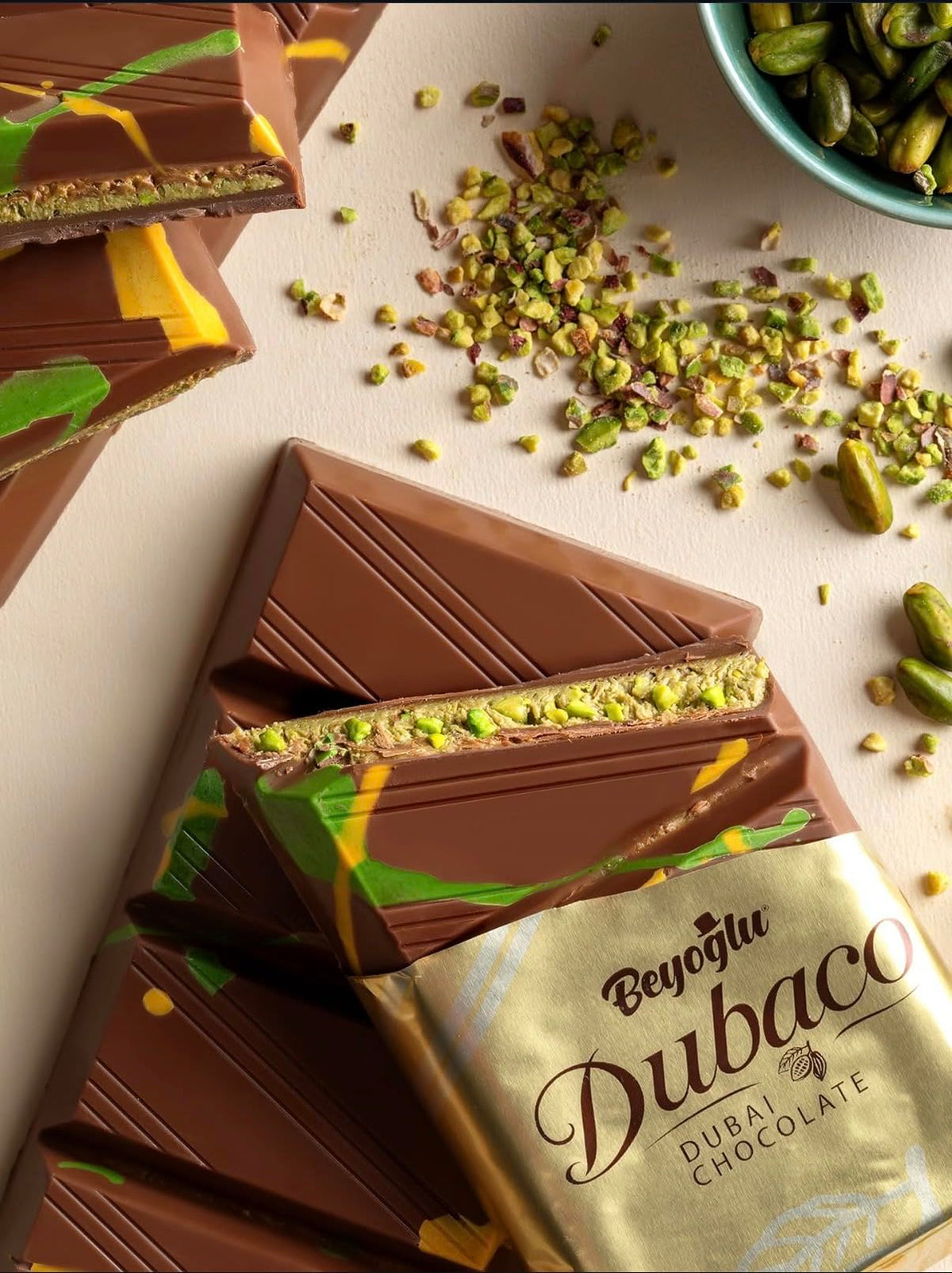 Beyoglu Dubaco Dubai Chocolate Bar - Turkish Pistachio Chocolate with Tahini & Crispy Kadayif | 7 oz Middle Eastern Gourmet Milk Chocolate Imported