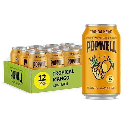Popwell Tropical Mango Better-For-You Prebiotic Soda, with 6g Fiber, 1g Sugar, Vitamins and Immunity Support, 12 fl oz Cans (pack of 12)