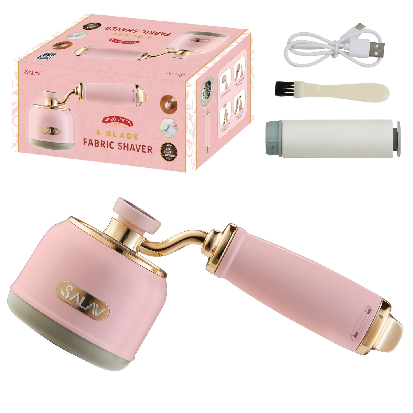 SALAV® Retro Edition 2-in-1 Rechargeable Fabric Shaver and Lint Roller, 6-Blade System, Removes Fuzz and Pilling on Fabrics, Includes Charging Cable