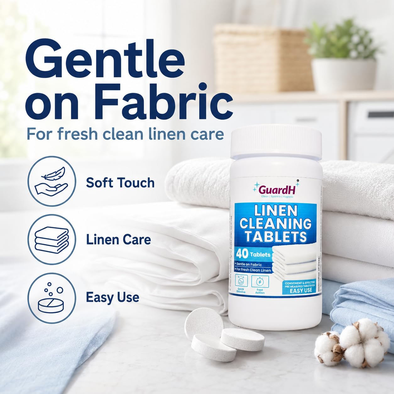 GuardH Linen Cleaning Tablets - 40 Count | Fast Dissolving, Gentle on Fabric | Removes Tough Stains & Odors | Easy-to-Use Laundry Booster