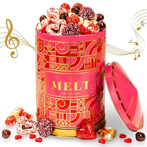 Gift Tin with Assorted Treats, Popcorn, Yogurt Heart Pretzels, Milk Chocolate Caramel Balls, Musical Present for Wife, Girlfriend, Romantic, Mom