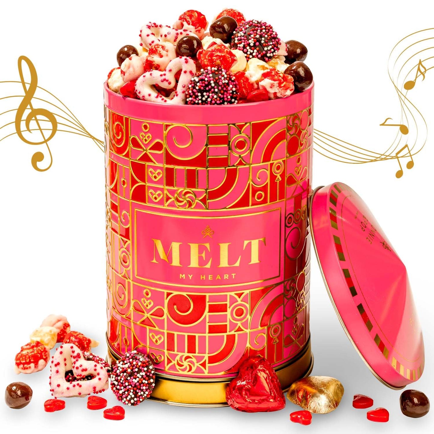 Gift Tin with Assorted Treats, Popcorn, Yogurt Heart Pretzels, Milk Chocolate Caramel Balls, Musical Present for Wife, Girlfriend, Romantic, Mom