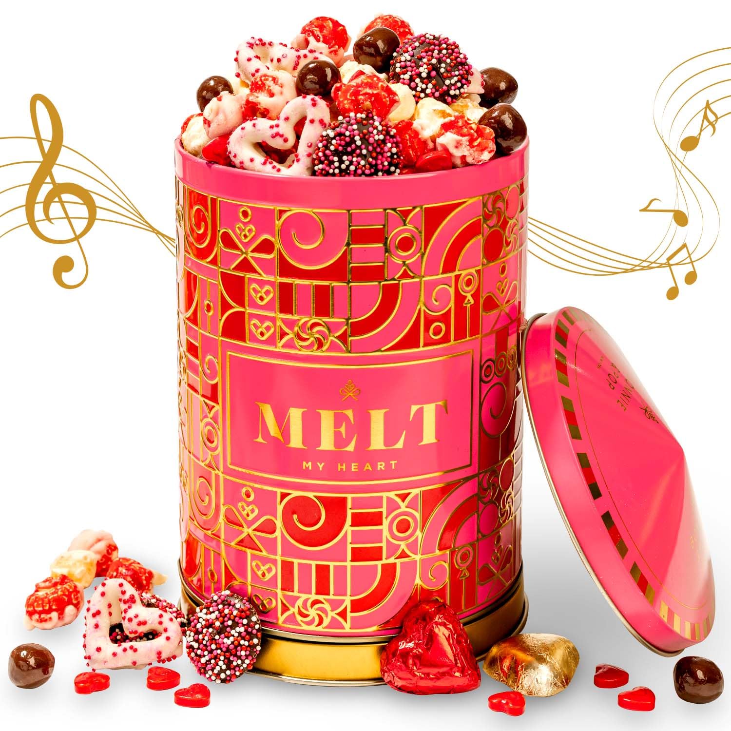 Gift Tin with Assorted Treats, Popcorn, Yogurt Heart Pretzels, Milk Chocolate Caramel Balls, Musical Present for Wife, Girlfriend, Romantic, Mom