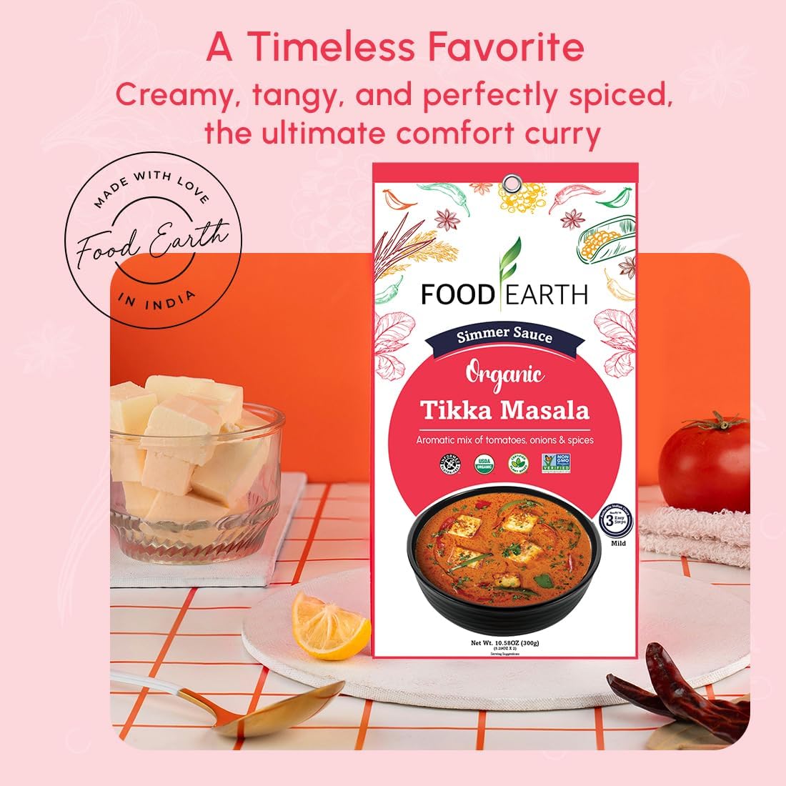 Food Earth Indian Simmer Sauce - Tikka Masala - Organic, Vegan, Gluten-Free, GMO-Free - Microwavable Cooking Sauce - 12 Pouches (5.29 oz Each)