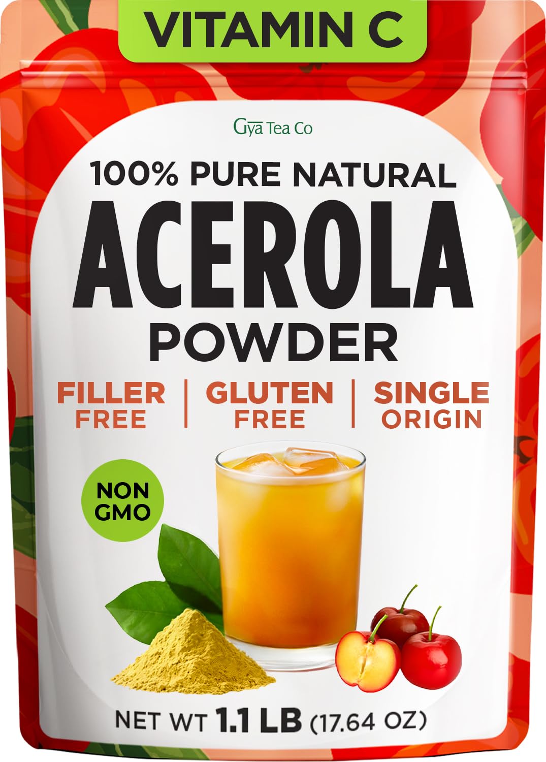 Gya Tea Co Acerola Cherry Powder 1.1 lb (17.64 oz), 52 Servings, - Natural Vitamin C Superfood Acerola Powder for Drinks, Smoothies, Beverages