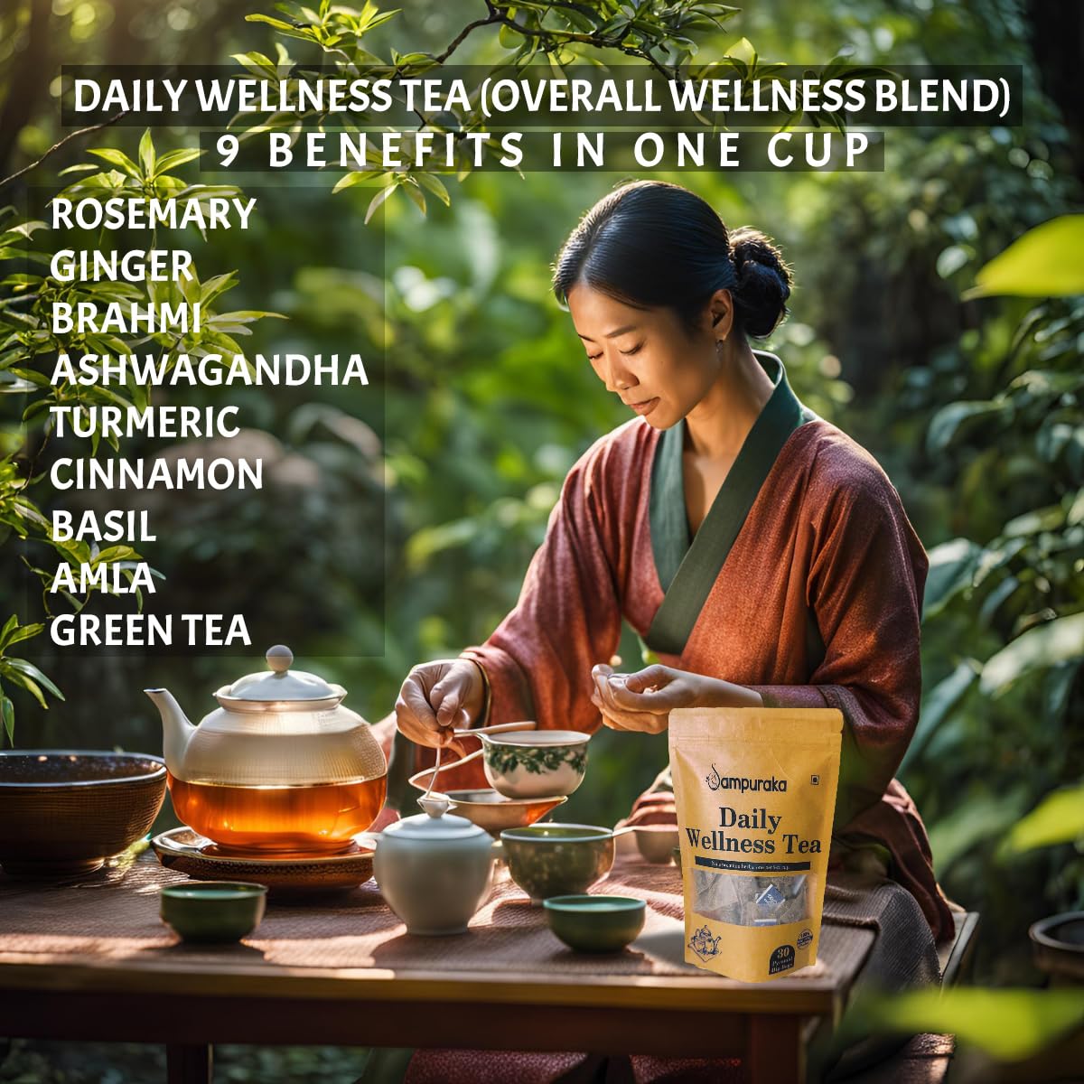 Sampuraka Daily Wellness Tea - Herbal Tea for Immunity & Relaxation Support with Turmeric, Ashwagandha, Ginger | Organic, Caffeine-Free (30 Tea Bags)