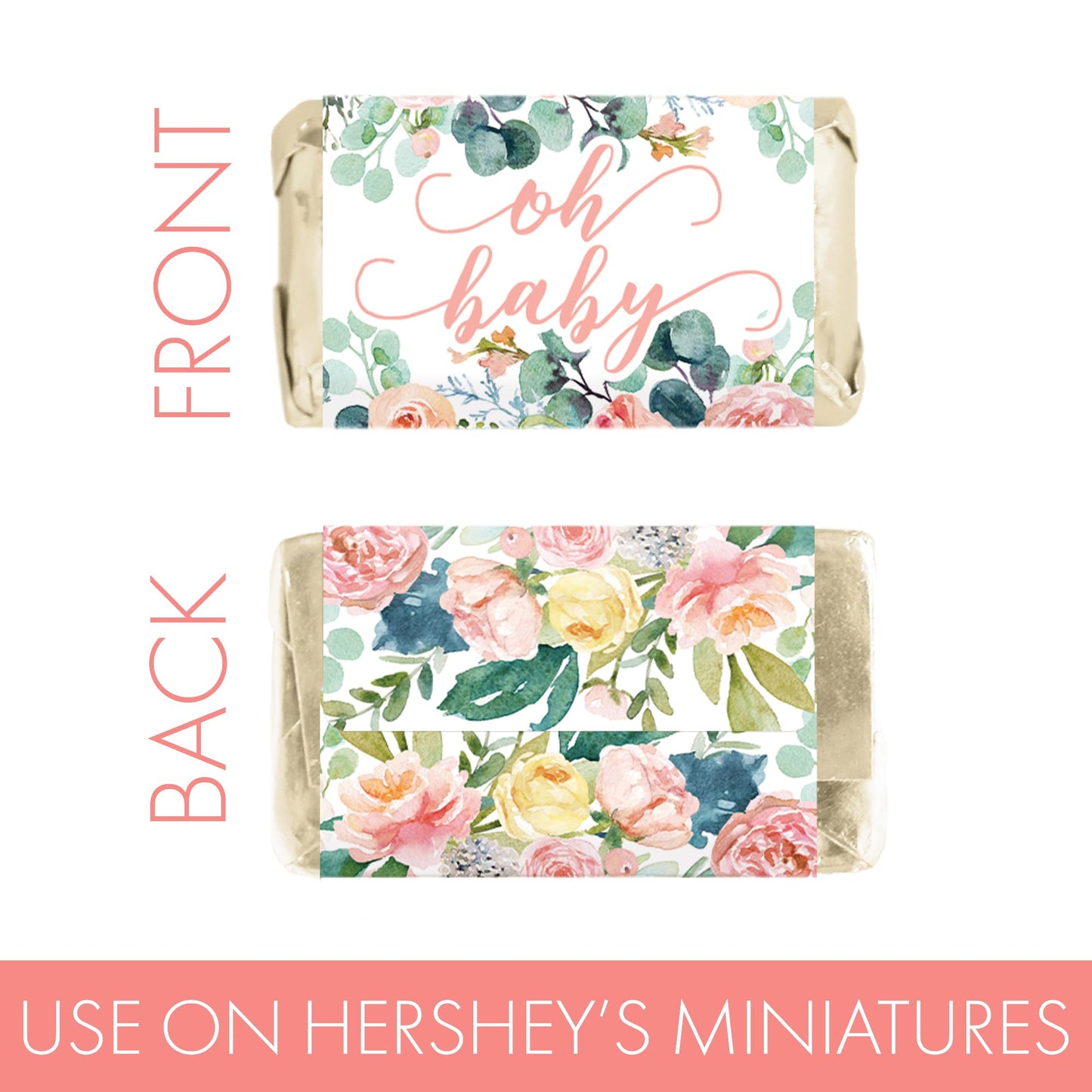 Baby in Bloom Baby Shower Favor Stickers for Miniature Chocolates, Pink Floral Boho Girl Candy Wrappers - 42 Count