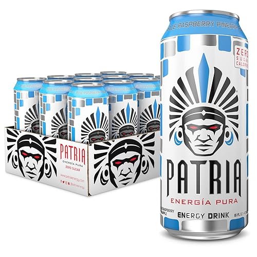 Patria Energy Drink - Sugar Free, 12-Pack, Blue Raspberry Flavor, 16oz Cans - 100% Natural Flavor 200mg of Caffeine