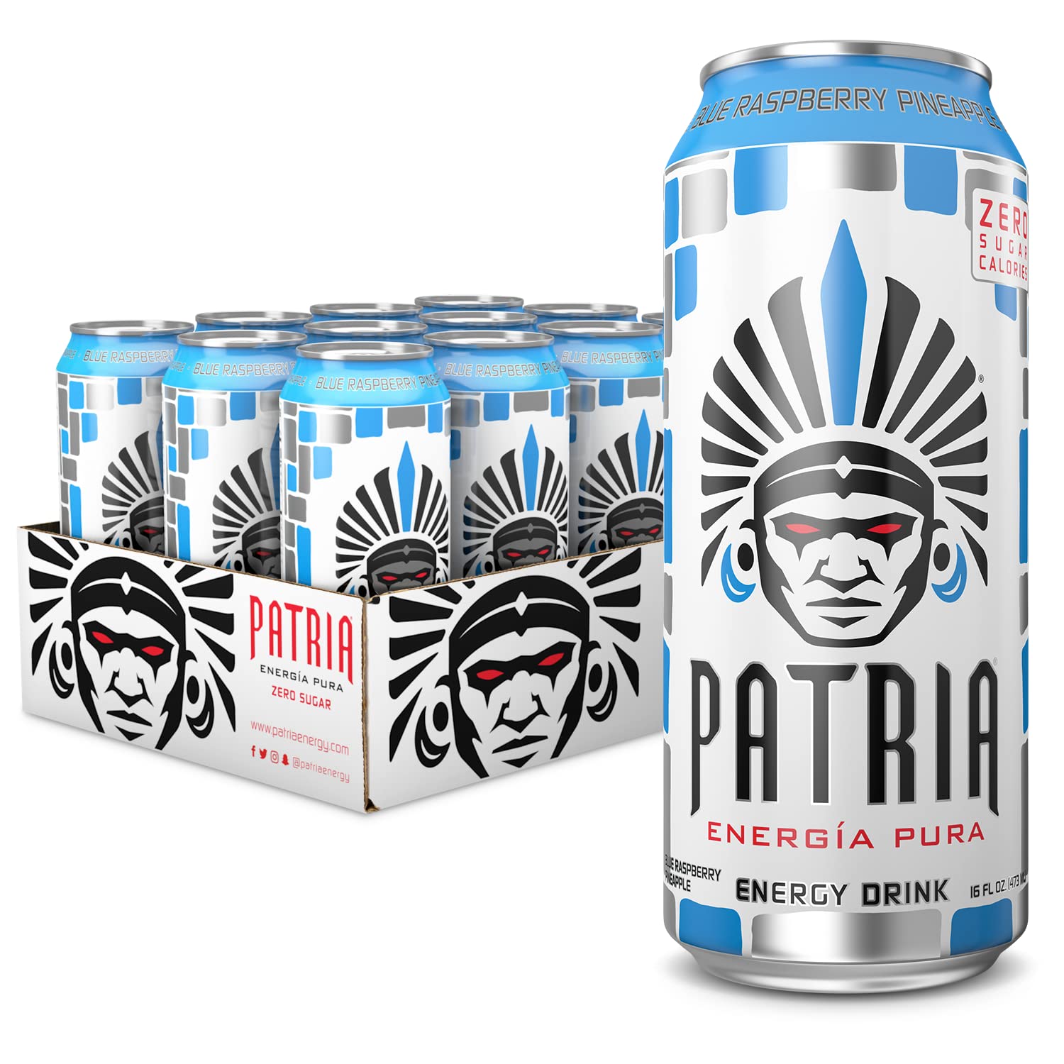 Patria Energy Drink - Sugar Free, 12-Pack, Blue Raspberry Flavor, 16oz Cans - 100% Natural Flavor 200mg of Caffeine
