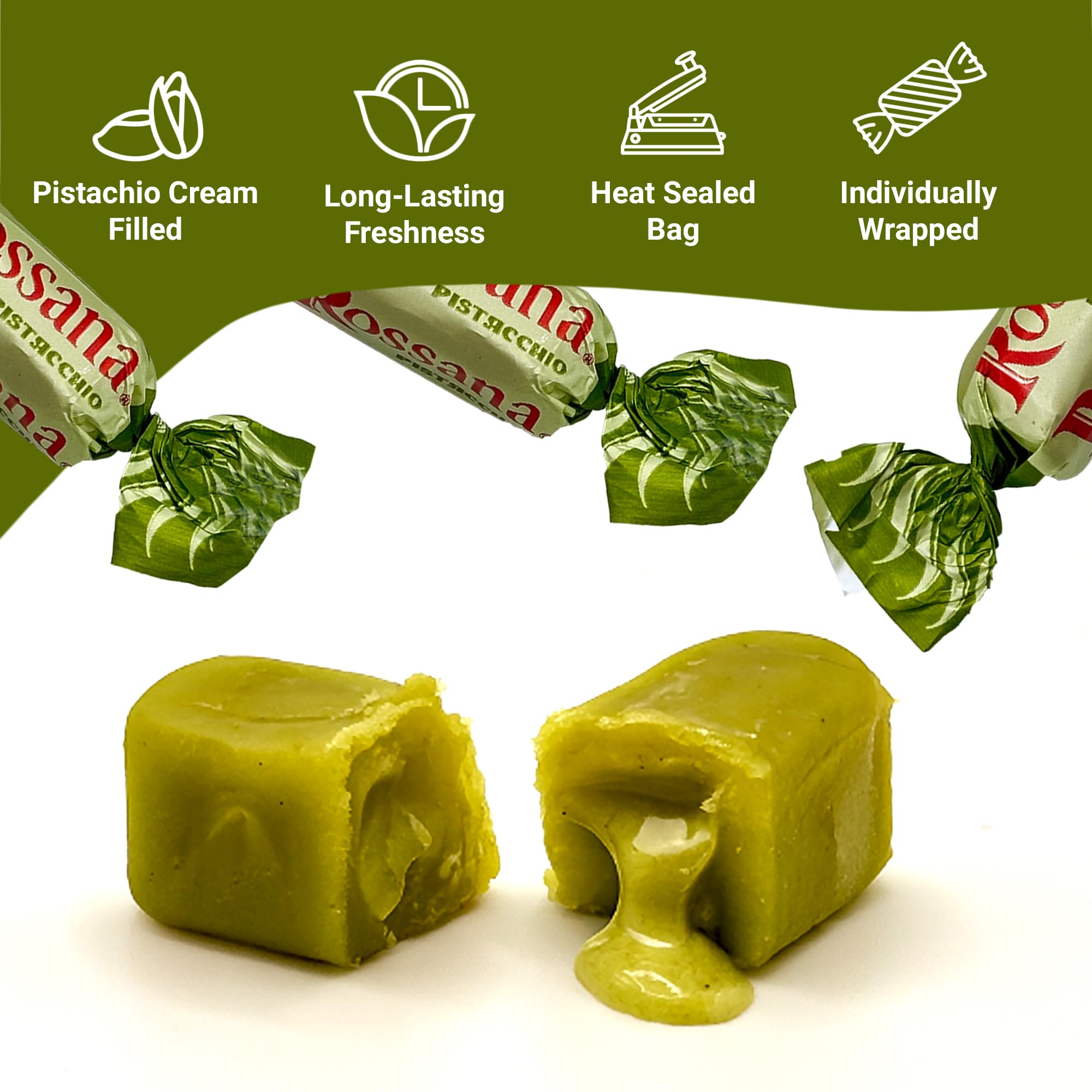 Rossana Pistachio Candy - 1 Pound Bag - Italian Hard Candy Individually Wrapped - Classic Pistachio Treat - Puntini Style Sweets - Authentic Italian
