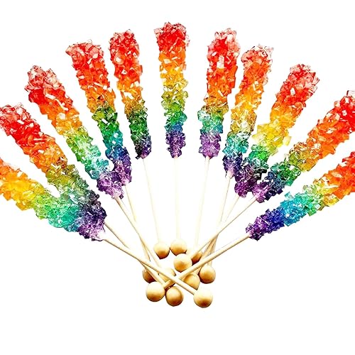 Rainbow Rock Candy - Colorful Rock Candy Sticks Individually Wrapped Extra Large (12 pieces - 22 grams per pop) Old Fashioned Crystal Candy for Candy