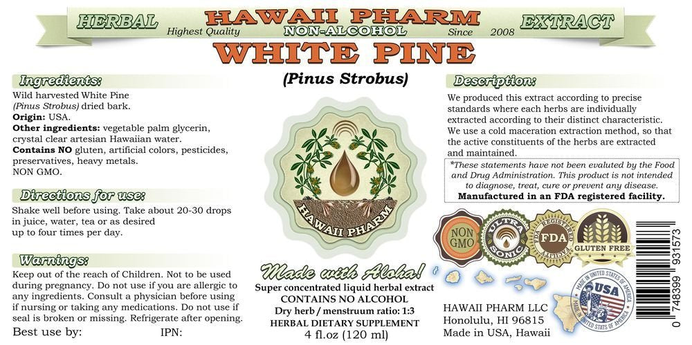 White Pine Alcohol-Free Liquid Extract, White Pine (Pinus Strobus) Dried Bark Glycerite Natural Herbal Supplement, Hawaii Pharm, USA 2 fl.oz