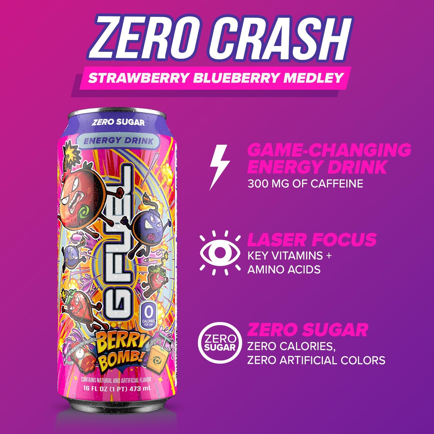 G Fuel Energy Drink, Berry Bomb, Sugar Free Carbonated Beverage with 300mg Caffeine, Daily Energy Boost with Focus Amino, Vitamin + Antioxidants, 16