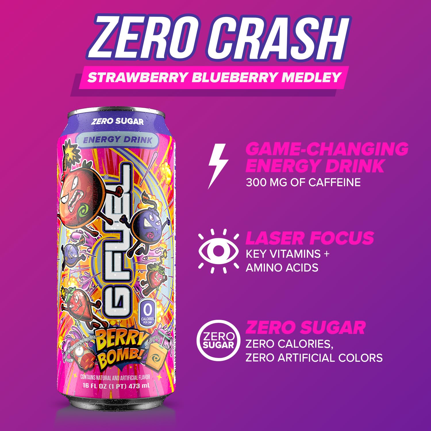 G Fuel Energy Drink, Berry Bomb, Sugar Free Carbonated Beverage with 300mg Caffeine, Daily Energy Boost with Focus Amino, Vitamin + Antioxidants, 16