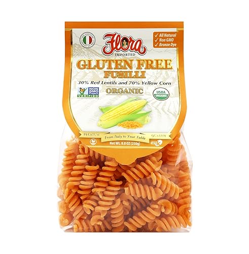 Flora Foods Organic Gluten Free Fusilli | 8.8 oz (250g) | 30% Red Lentils and 70% Yellow Corn | Non GMO - All Natural - 100% Italian Recipe - Bronze