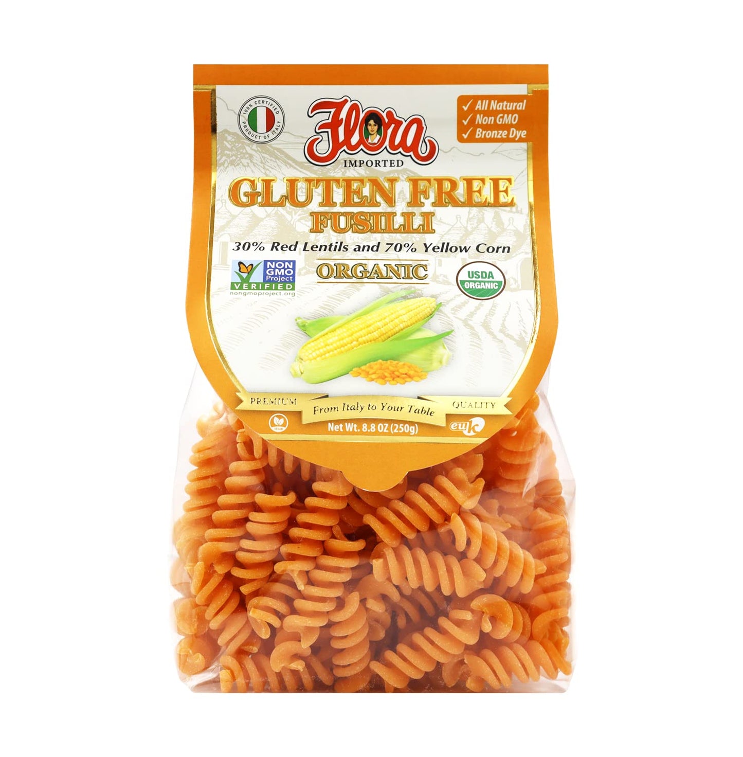 Flora Foods Organic Gluten Free Fusilli | 8.8 oz (250g) | 30% Red Lentils and 70% Yellow Corn | Non GMO - All Natural - 100% Italian Recipe - Bronze