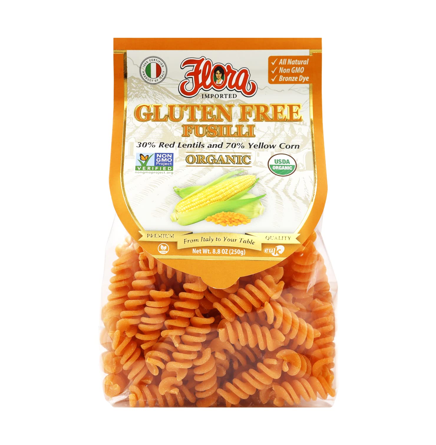 Flora Foods Organic Gluten Free Fusilli | 8.8 oz (250g) | 30% Red Lentils and 70% Yellow Corn | Non GMO - All Natural - 100% Italian Recipe - Bronze