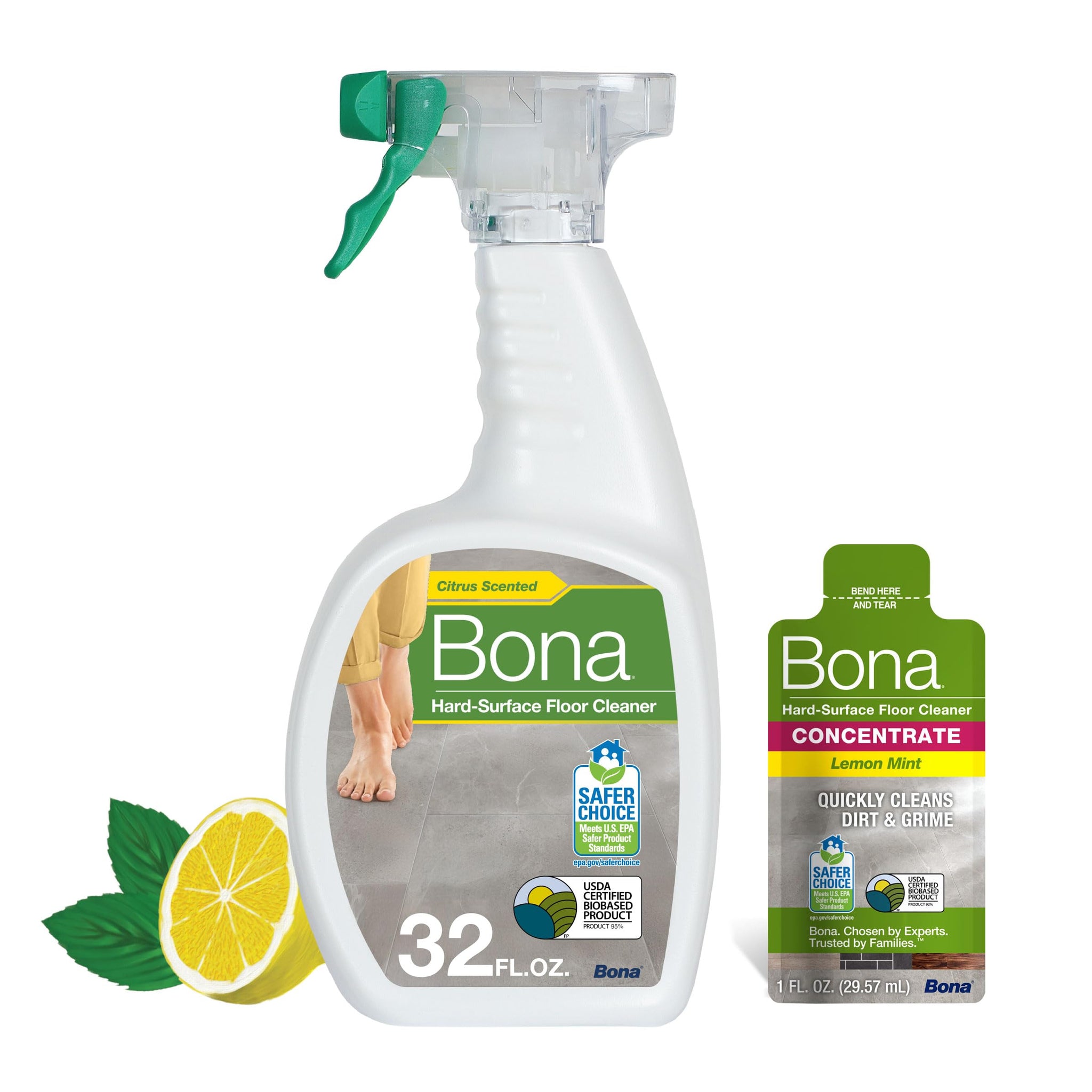 Bona® Multi-Surface Floor Cleaner Spray - 32 fl oz - Lemon Mint - Includes Filled Bottle + Concentrate Refill for Multi-Surface Floor Cleaning