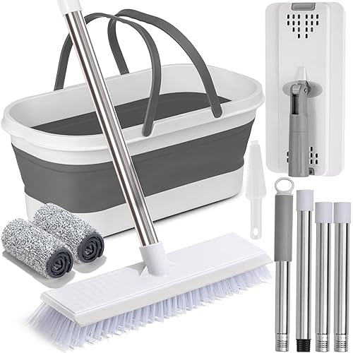 Flat Mop and Bucket Set with Heavy Duty Scrub Brush, 2 Washable Reusable Microfiber Pads, for Tile Hardwood, Wall Cleaning, Home Indoor or Outdoor