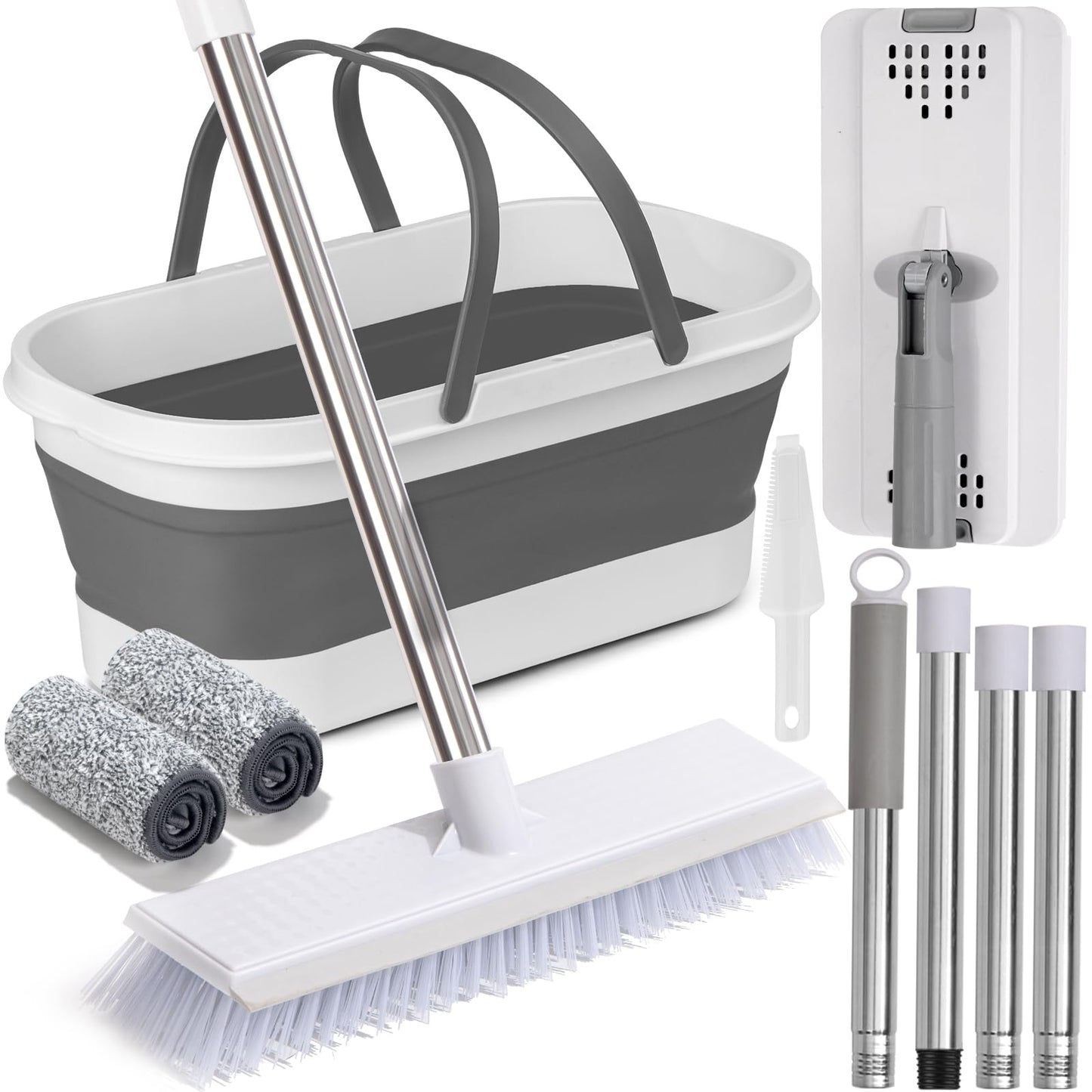 Flat Mop and Bucket Set with Heavy Duty Scrub Brush, 2 Washable Reusable Microfiber Pads, for Tile Hardwood, Wall Cleaning, Home Indoor or Outdoor