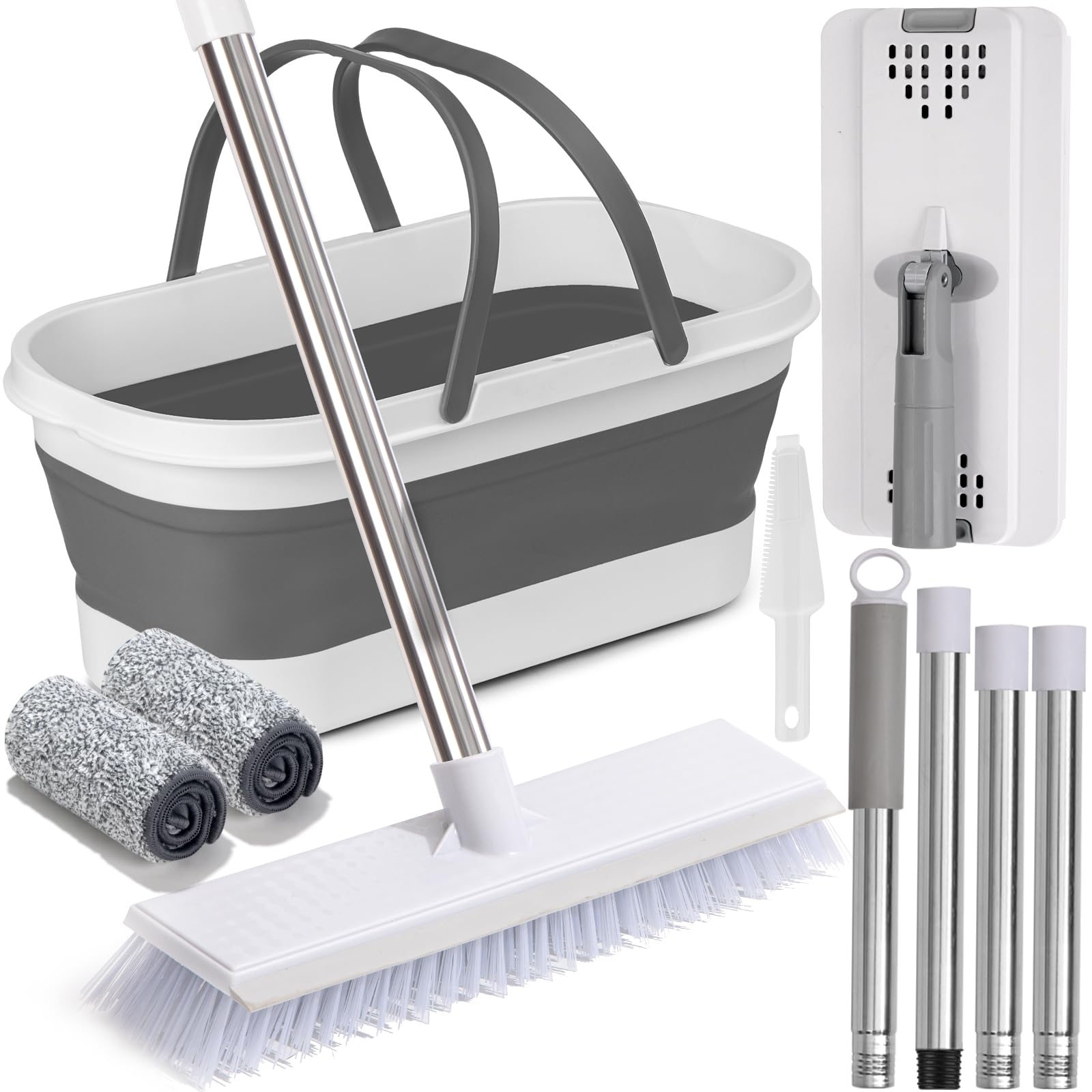 Flat Mop and Bucket Set with Heavy Duty Scrub Brush, 2 Washable Reusable Microfiber Pads, for Tile Hardwood, Wall Cleaning, Home Indoor or Outdoor