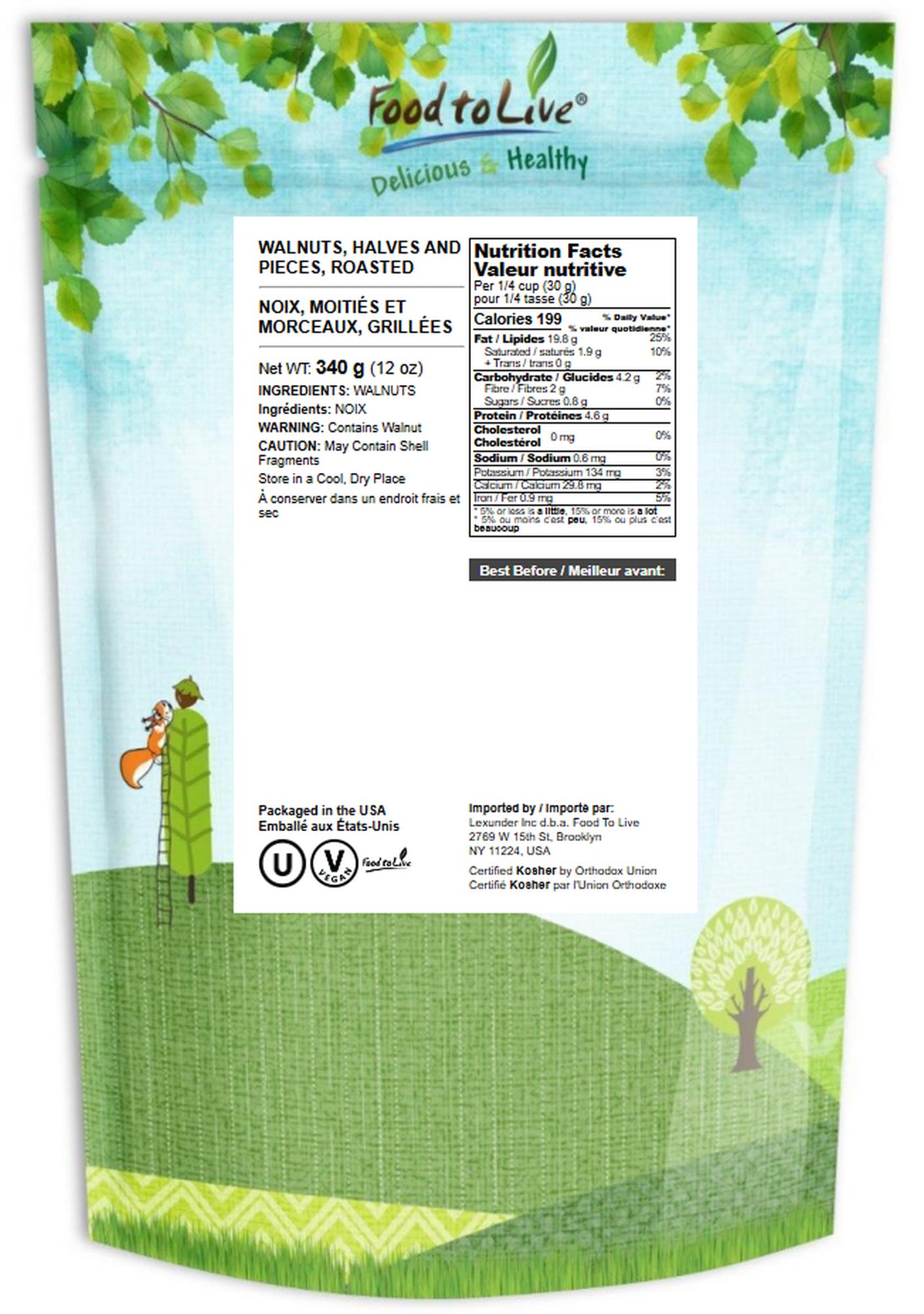 Food to Live Dry Roasted Walnut Halves and Pieces, 12 Ounces - Oven Toasted, Unsalted, Great for Baking and Salads. Vegan, Kosher, Bulk