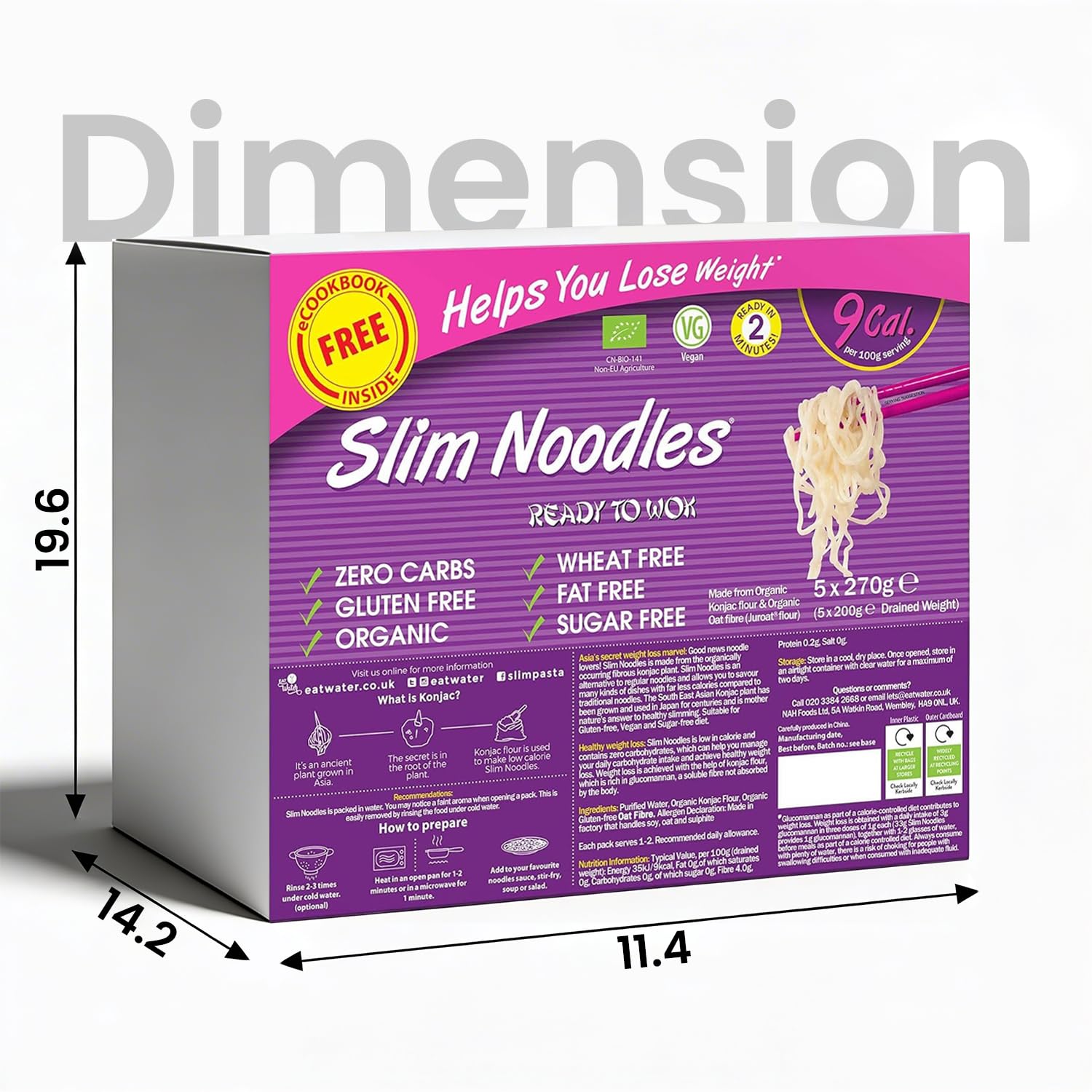 Eat Water Slim Pasta Noodles (Pack of 5, 270g Each) Zero Carbohydrate | Keto, Paleo & Vegan Friendly | Zero Sugar, Low Calorie (9 kcal/100g) Made from