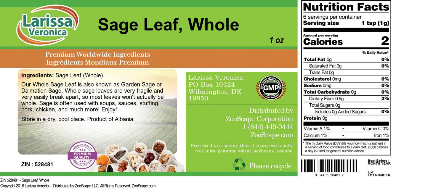 Sage Leaf, Whole (1 oz, ZIN: 528481)