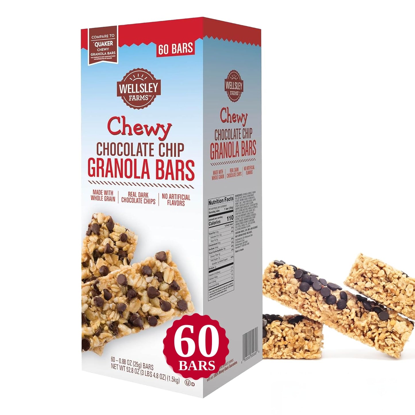 Wellsley Farms Chewy Chocolate Chip Granola Bars - No High-Fructose Corn Syrup - Vegetarian - Whole Grain Granola Bars - 110 Calories Per Bar