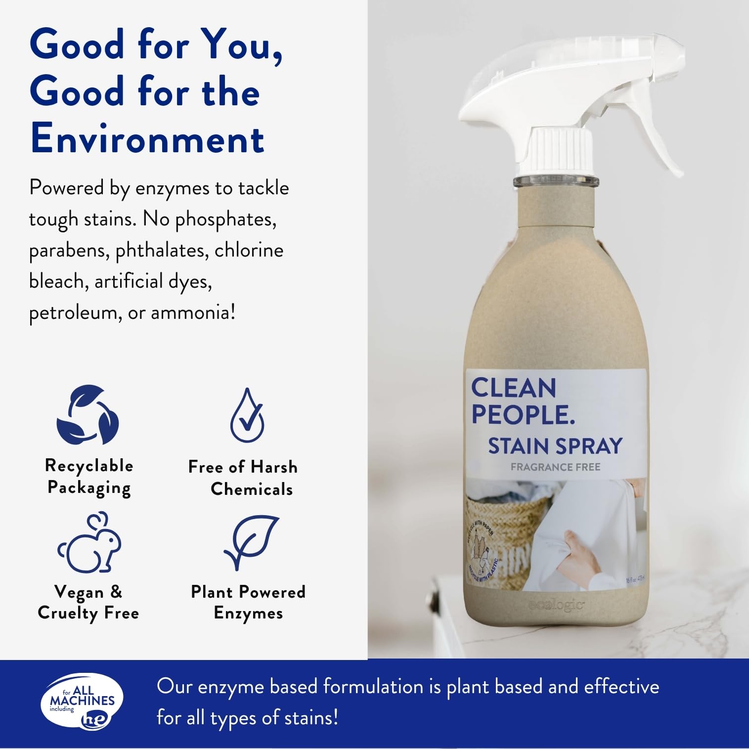 The Clean People Stain Remover Spray - Simple, Clean Ingredients - Laundry Spot Treatment for Food, Pet & Baby Stains - Boosted with Enzymes - Fabric