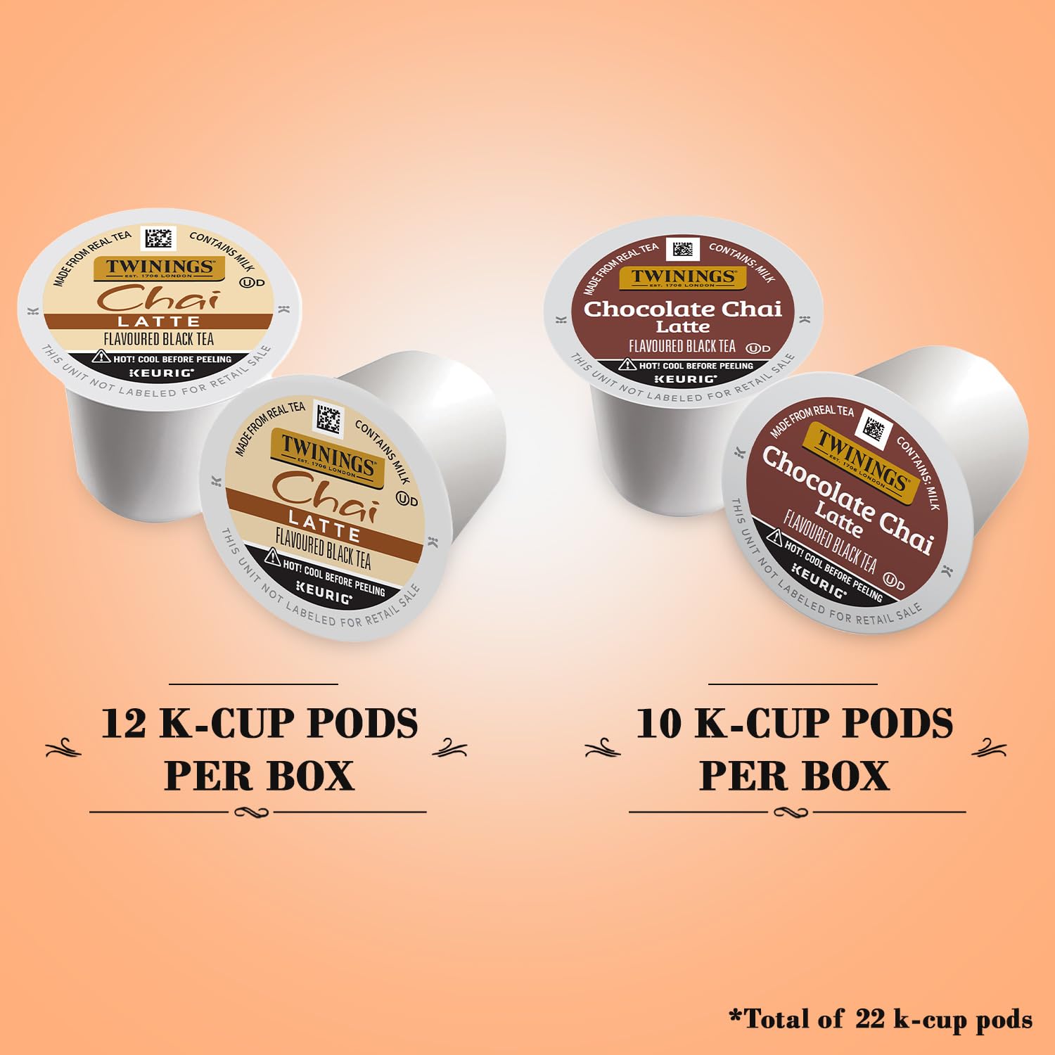 Twinings Chai Latte Variety K-Cup Pods for Keurig, 12 Traditional + 10 Chocolate, Made with Real Black Tea & Spices, Creamy, Slightly Sweet