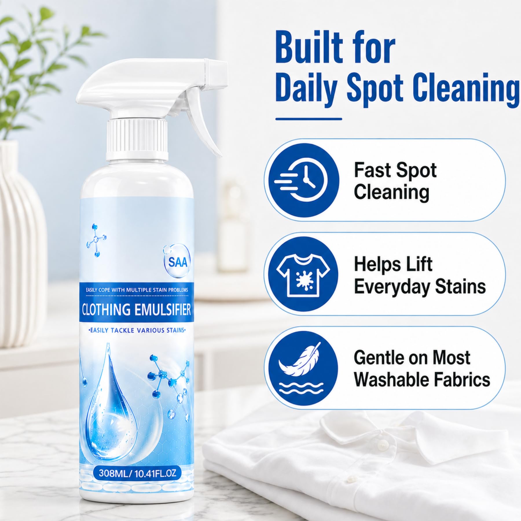 Non-Ionic Clothing Emulsifier Stain Remover Spray, Laundry Spot Cleaner for Clothes & Fabric, Portable Fabric Cleaner for Oil, Food, Collar & Cuff