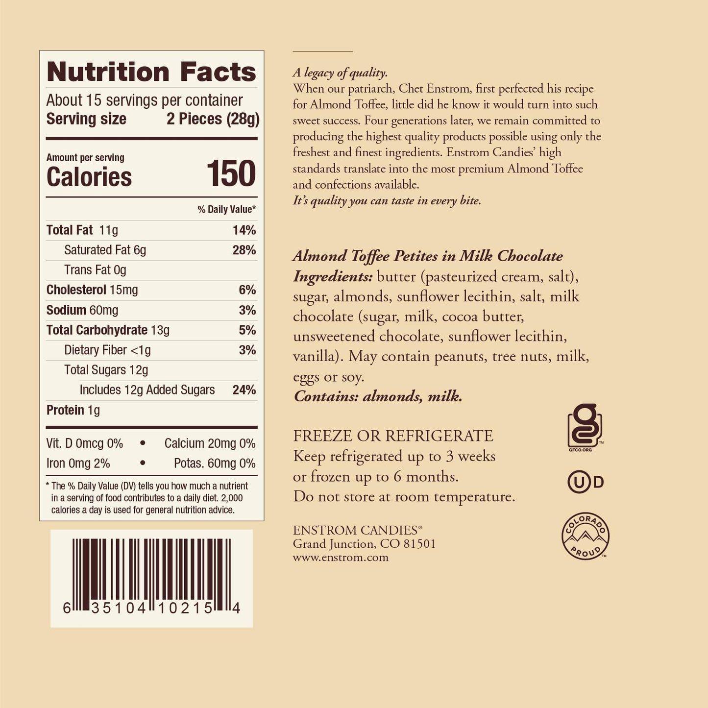 Enstrom Milk Chocolate Almond Toffee Petites 15oz box | Bite-size | Gluten Free | Kosher Dairy | All Natural