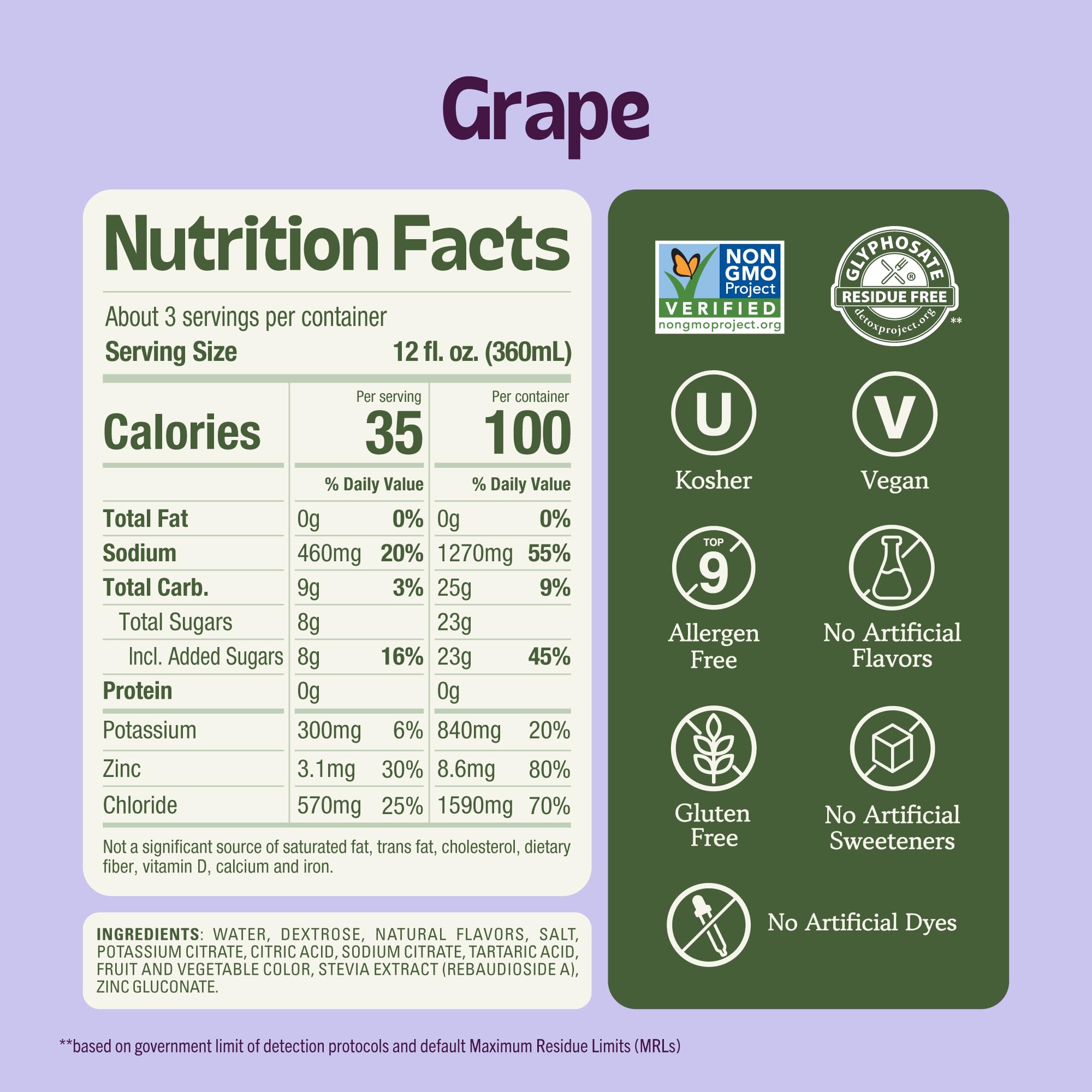 KinderFarms Electrolyte Solution for Kids and Adults - Hydration Drink (Grape, 6 Pack), No Artificial Sweeteners or Flavors, No Synthetic Dyes, Vegan