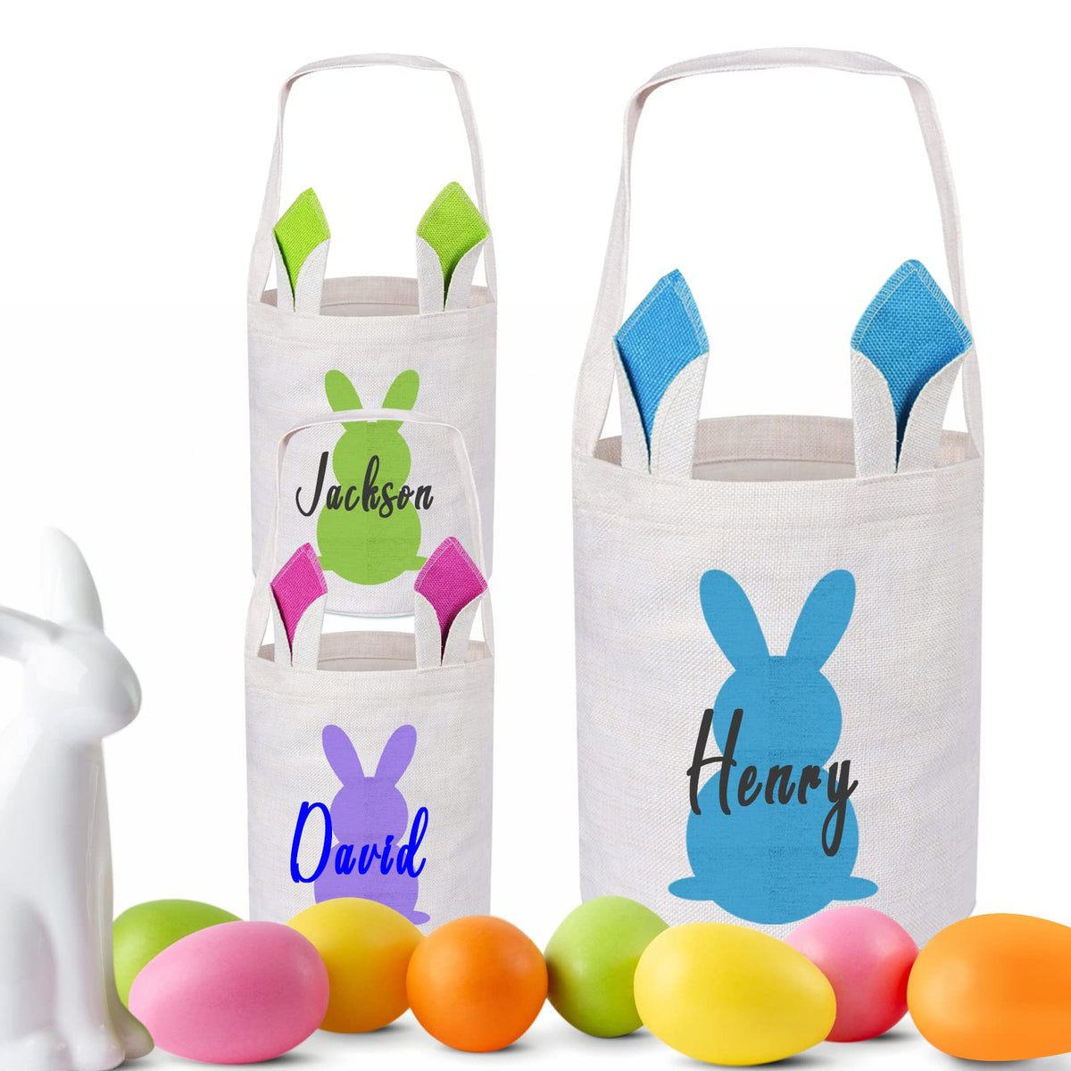 Touber 3 Pack Personalized Easter Basket, Easter Bunny Basket with Ears Easter Baskets for Girls Boys Easter Eggs Hunt Baskets for Kids Personalized