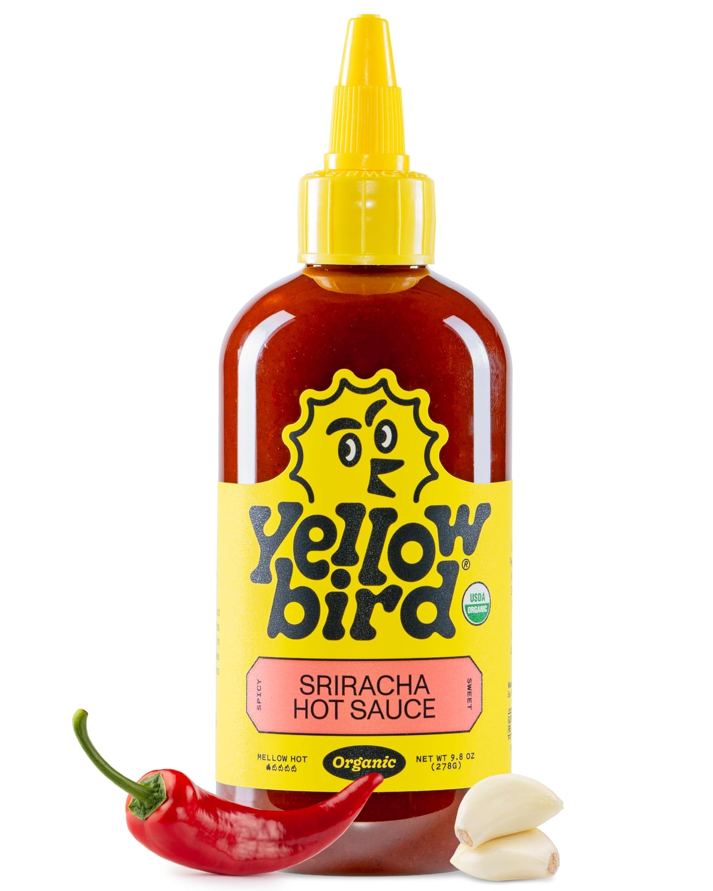 Yellowbird Organic Sriracha Hot Sauce (9.8 oz) Mellow Hot - Sweet, Spicy & Garlicky - Made With Organic Garlic, Red Jalapeno Peppers, Dates & Lime