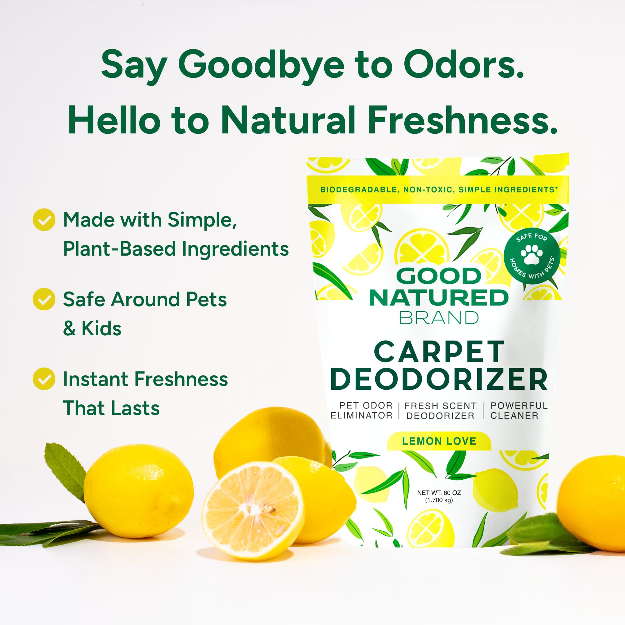 Good Natured Brand | Carpet Deodorizer & Freshener Powder | 60 oz Pet Odor Eliminator for Strong Odor & Pet Urine | Fresh Natural Lemon Love | Safe