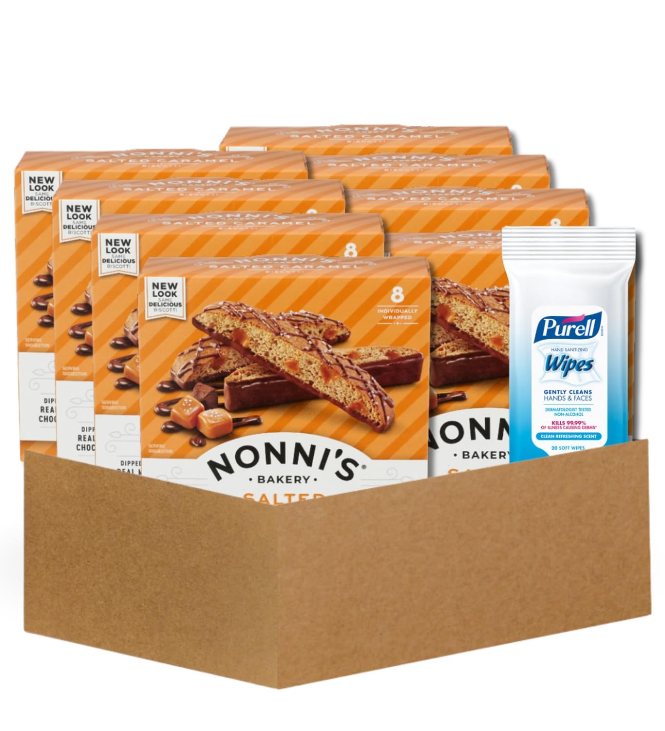 8x Nonnis Biscotti Salted Caramel 6.72 OZ Bundle with Hand Sanitizing Wipes - Crunchy Italian Biscotti with Caramel Flavor Plus Convenient Wipes