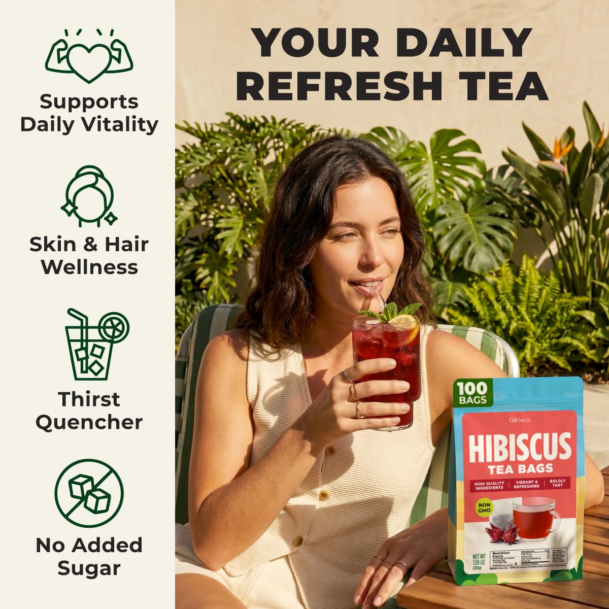 Gya Tea Co Hibiscus Tea Bags (100 Bags) - Caffeine Free - Tart And Refreshing Herbal Tea - No Added Sugar, No Fillers - Hot or Iced - Non-GMO