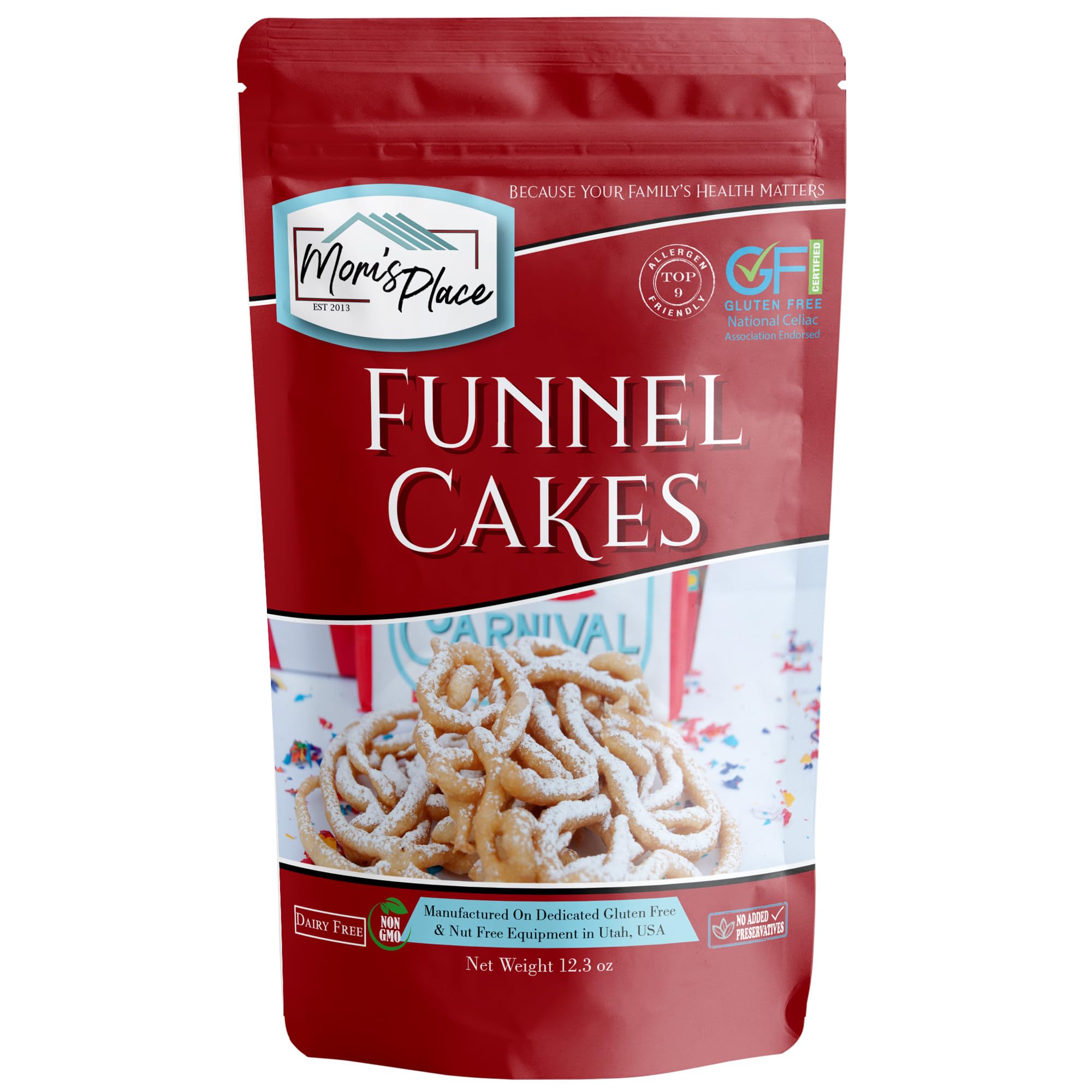 Mom's Place Gluten-Free Funnel Cake Mix, Dessert Baking, Easy to Make, Nut Free, Dairy Free & Soy Free, 12 Servings, 12.3 oz