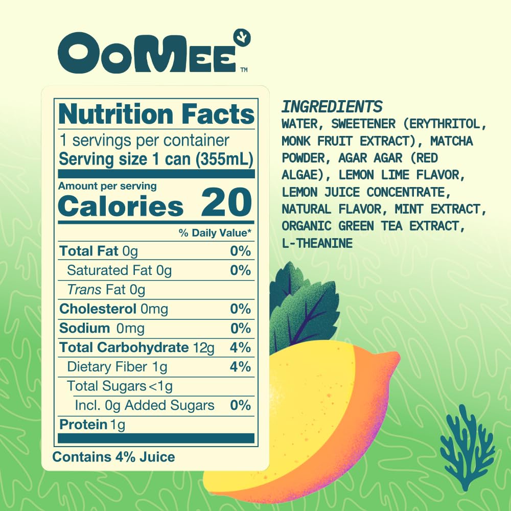 OoMee Fruity Matcha Drink | Lemon & Mint | Fruit?Infused, Plant?Based Vegan Beverage with Sustained Energy, Natural Craving Support, Low-Calorie, No